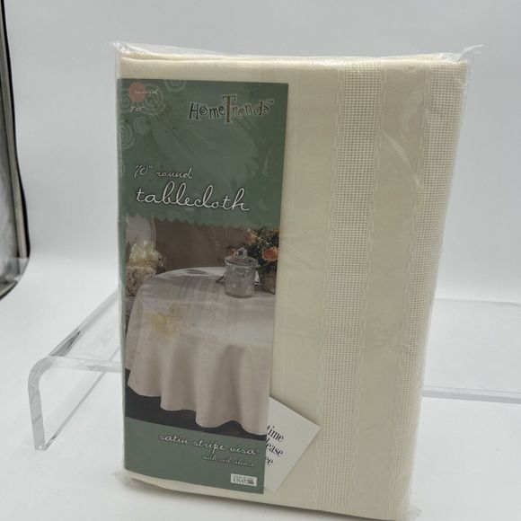 NOS - 70" Round Bone HomeTrends Satin Stripe Visa Tablecloth 5913RD7 - Picture 8 of 9